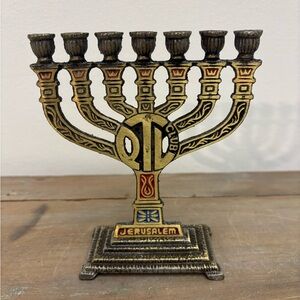Vintage Hanukkah Jewish Candle Stick Menorah Brass Bronze Enamel Israel